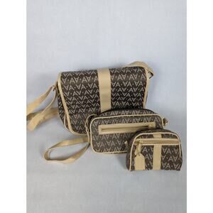 Avon Signature Collection 3 PC Travel Set Brown Tan Saddle Bag, Purse, & Pouch